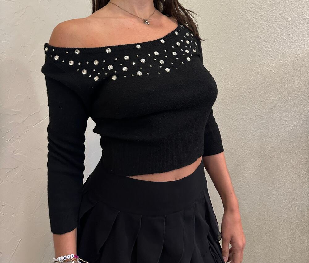 Women's Small Sweater Black off-the-shoulder cropped knit rhinestone Vintage